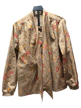 Vintage Exquisite Floral Blouse Taupe Orange Women’s Size 16